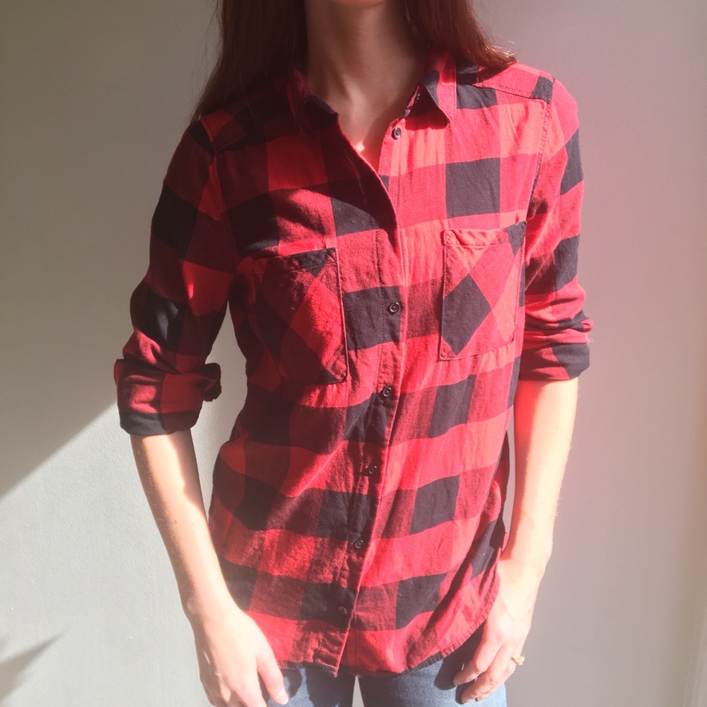 Red and black plaid cotton shirt.